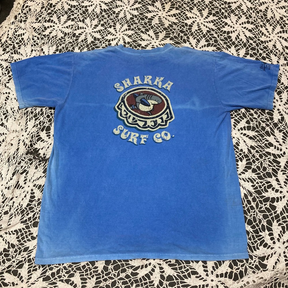 Crazy Shirts Sharka Surf Co Blue Graphic Tee Mens Large Hawaii Cotton T-Shirt